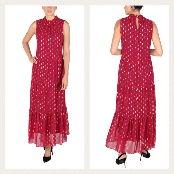 Donna Ricco Foil Dot Sleeveless Tiered Maxi Dress Size 4 Berry Pink/Gold Chiffon - Picture 1 of 16